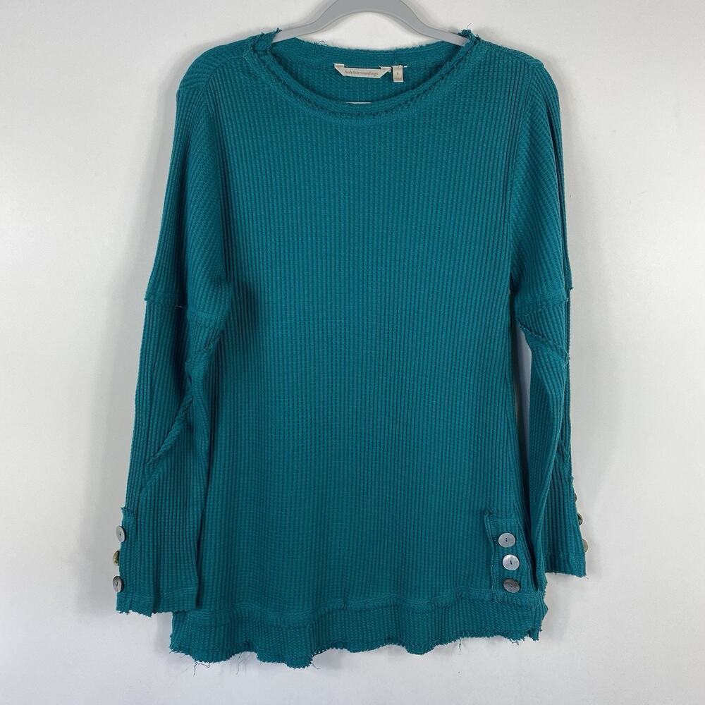 Soft Surroundings Top Small Emerald Green Waffle Knit Long Sleeve My Time Tunic
